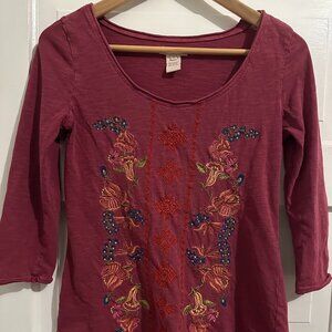 Sundance three quarter sleeve embroidered blossoms cotton shirt